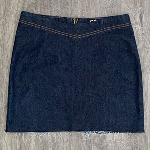 Darkwash Denim Mini Skirt w/ V Shape Stitching on Waist & a Raw Cut Bottom Hem!